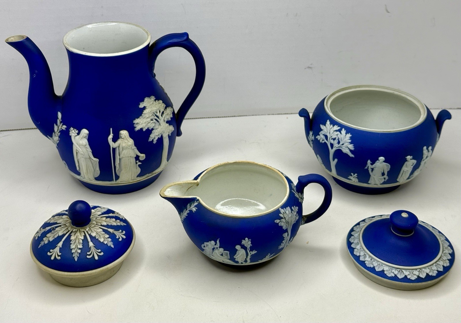Antique 1880 Wedgwood Cobalt Blue Jasperware Neoclassical Nymphs Scene Tea Set