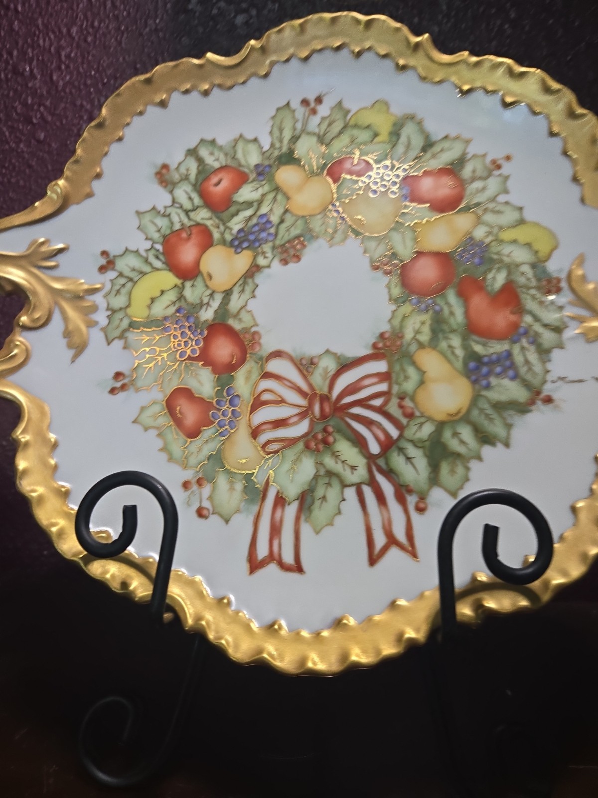 Hand Painted Ceramic Fruit Holly Berry Handled Platter Heavy Gold Trim Signed