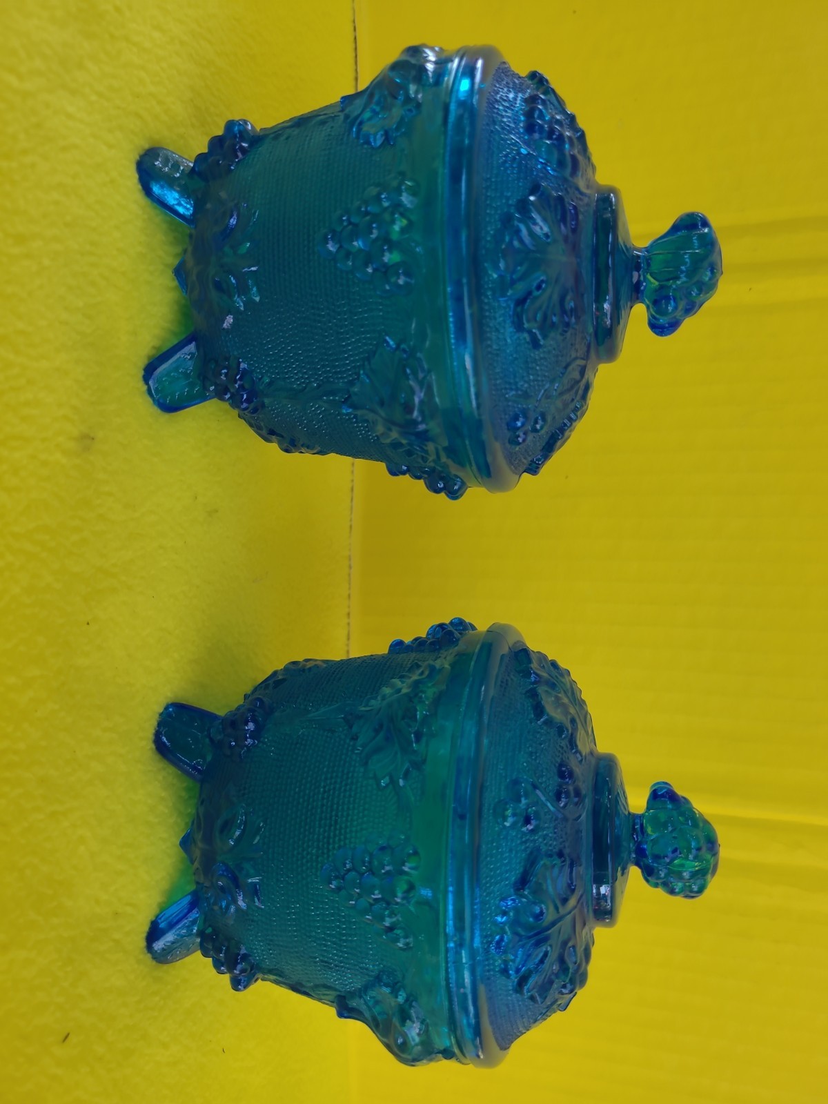 2 VTG 1950s Jeanette Glass Footed Covered Cobalt Blue Candy Dish Grape Leaf MCM