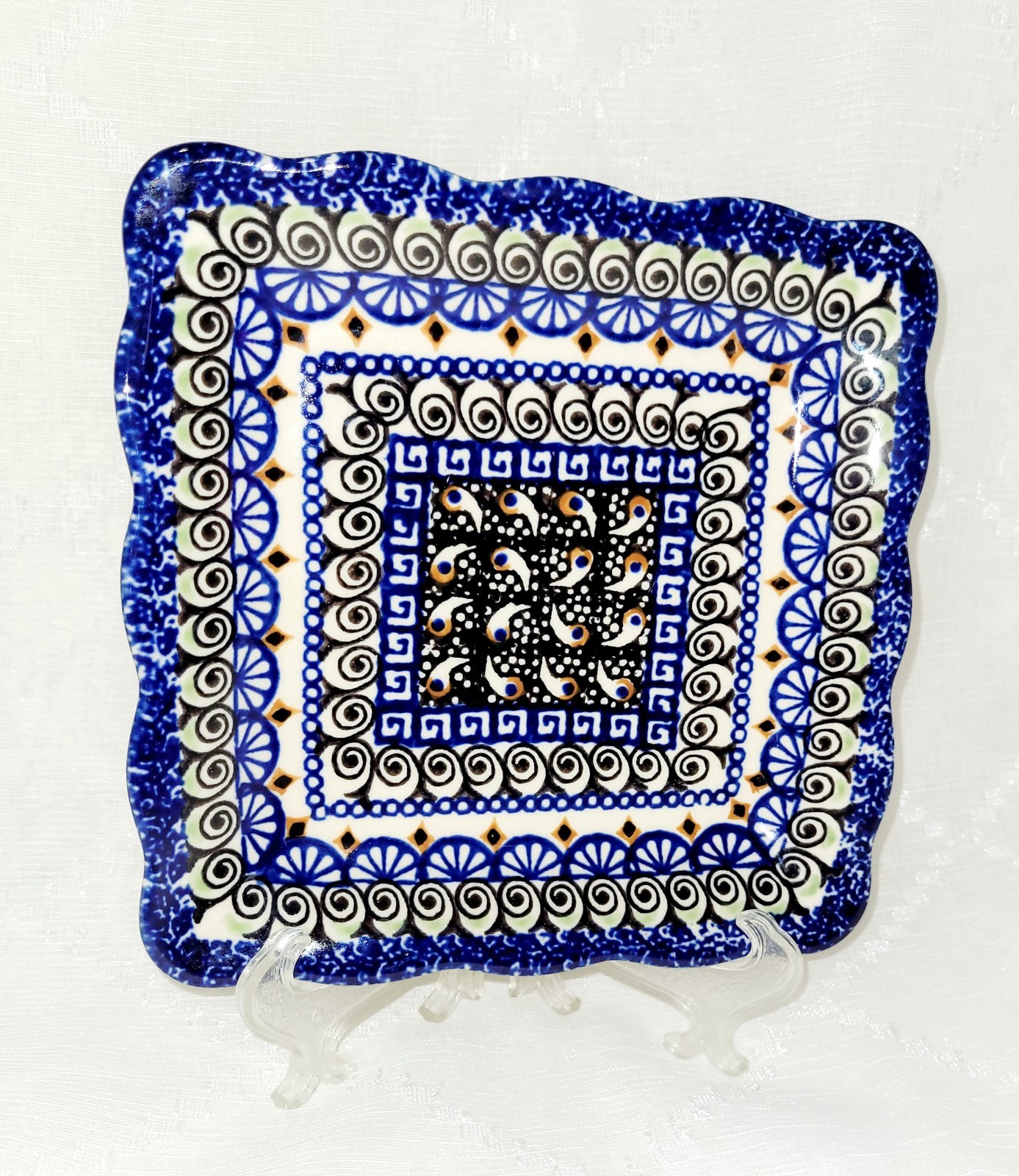 VTG Unikat Polish Pottery Square Platter Handmade/Painted Blue & Green Patterns