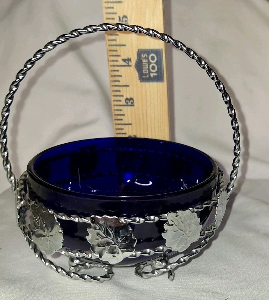 Vintage Cobalt Blue Condiment Server/ Candy Dish With Silver tone Caddy READ