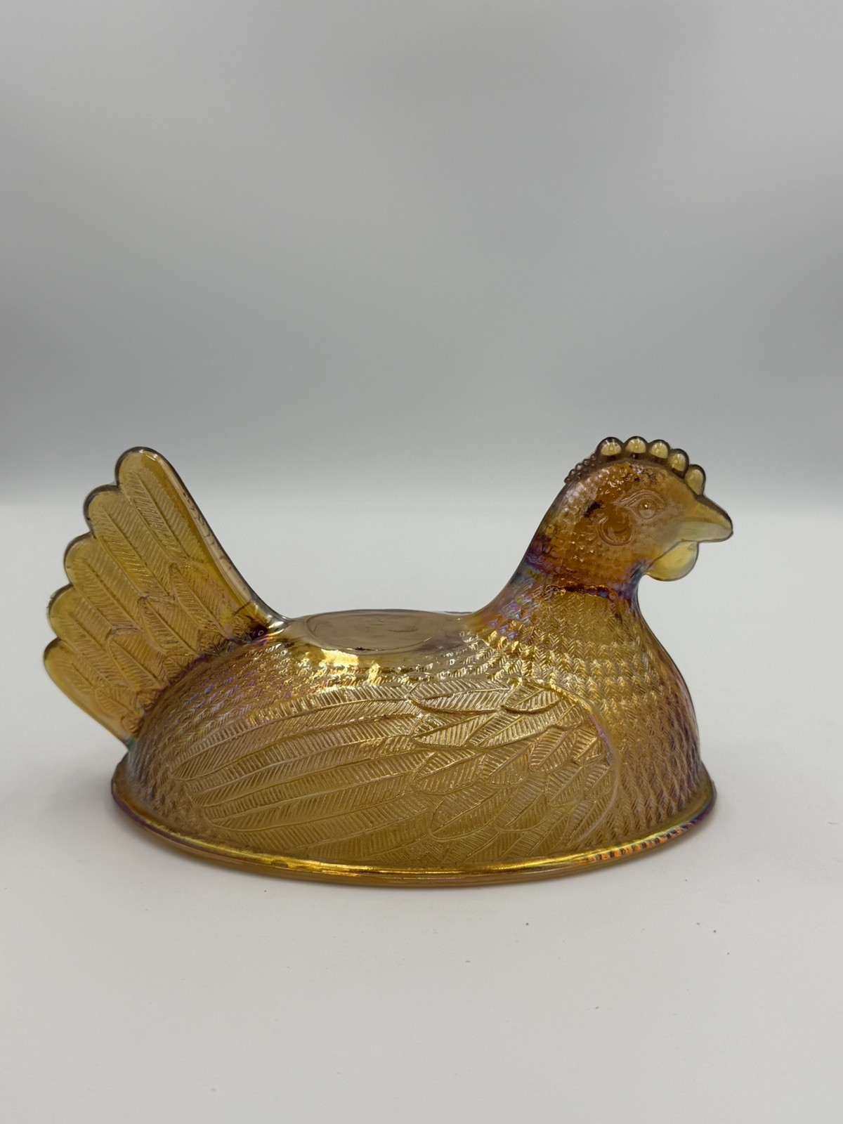 Vintage Indiana Hen On Nest Golden Amber Iridescent Carnival Glass *TOP ONLY*
