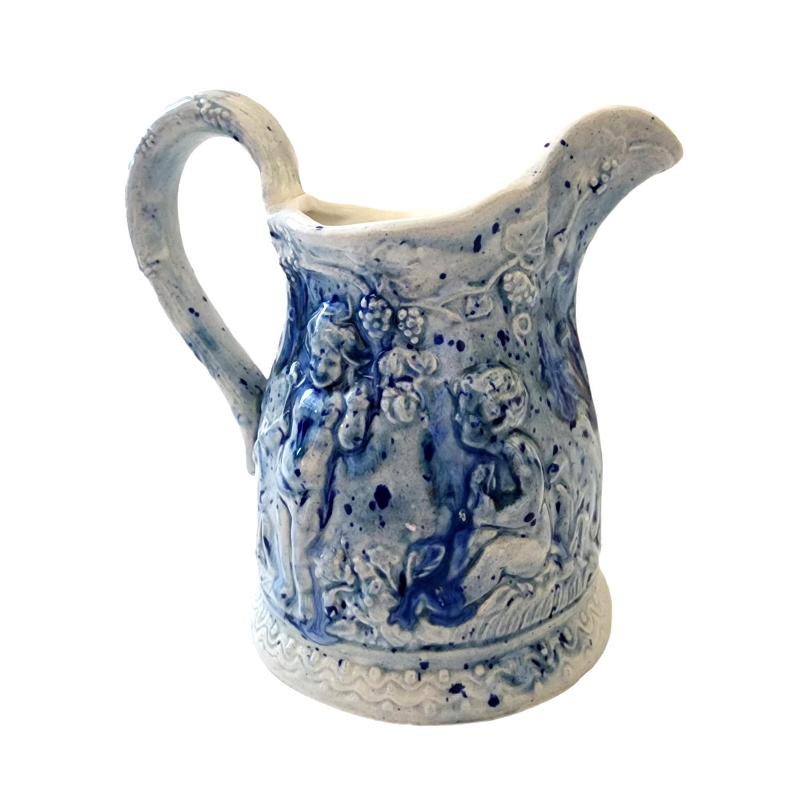 Victorian Cherub Pitcher Raised Relief Grapes Grapevine Blue Splatter Glaze