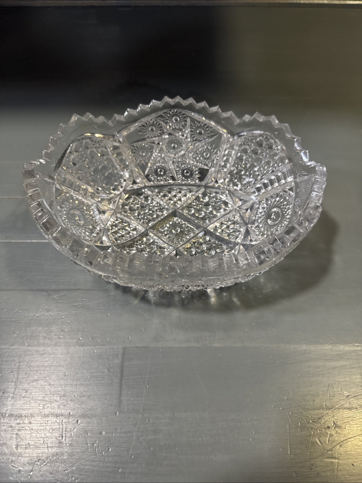 8″ VTG Oval Clear Cut Crystal Bowl Pinwheel & Hexagon Design W/ Sawtooth Rim