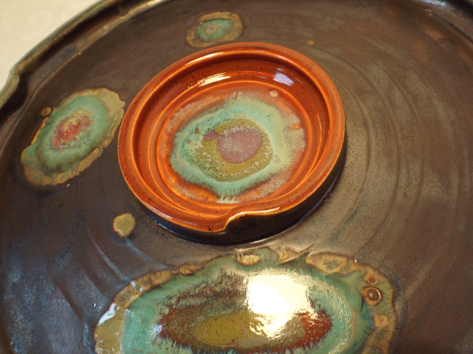 Pottery Chip & Dip Platter Glazed Artisan Made Signed Fused Glass Spots Unique