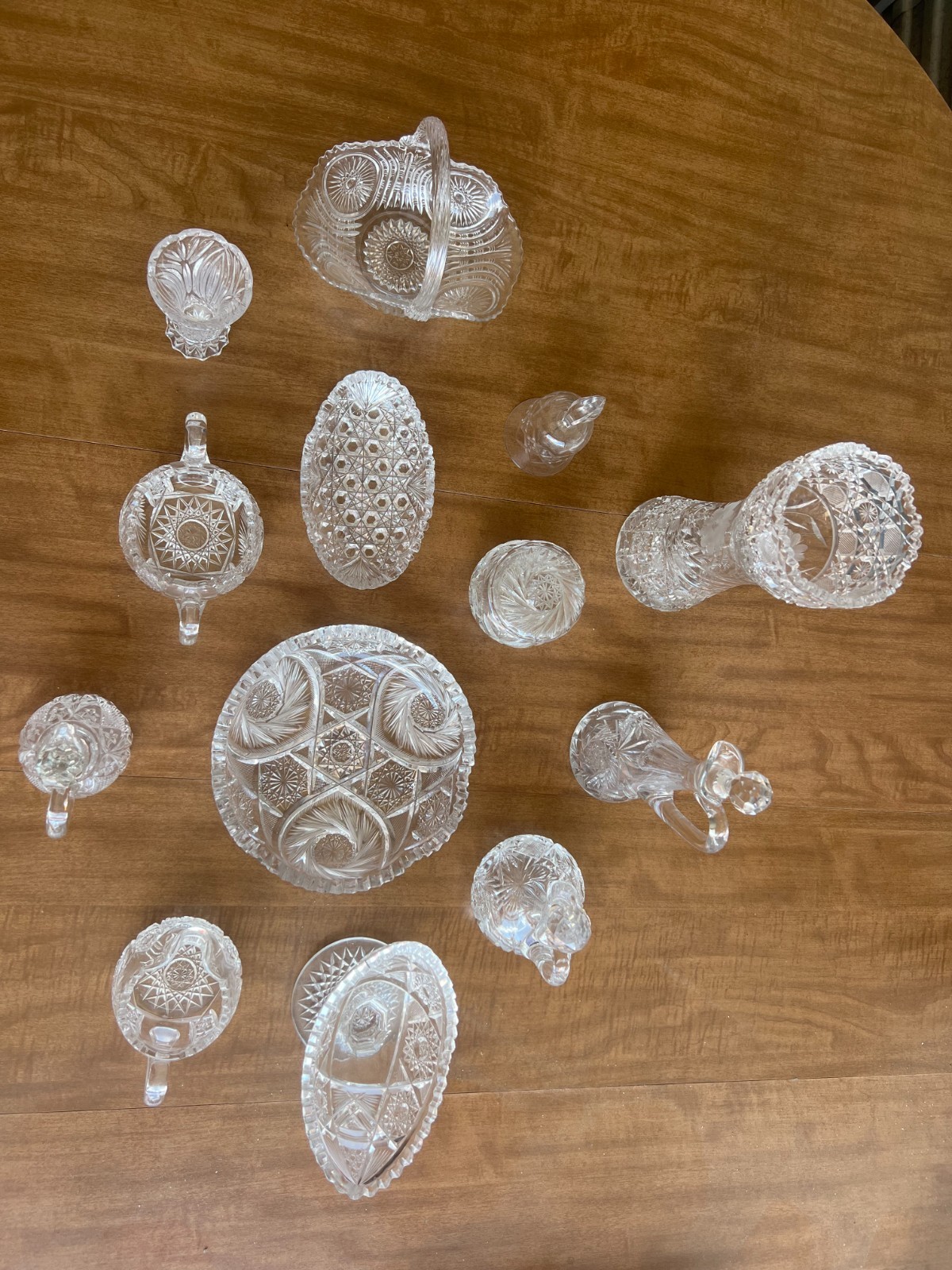 Vintage Lead Crystal Collection Lot Vase Bowls Cruets Basket Bell — 11 Pieces