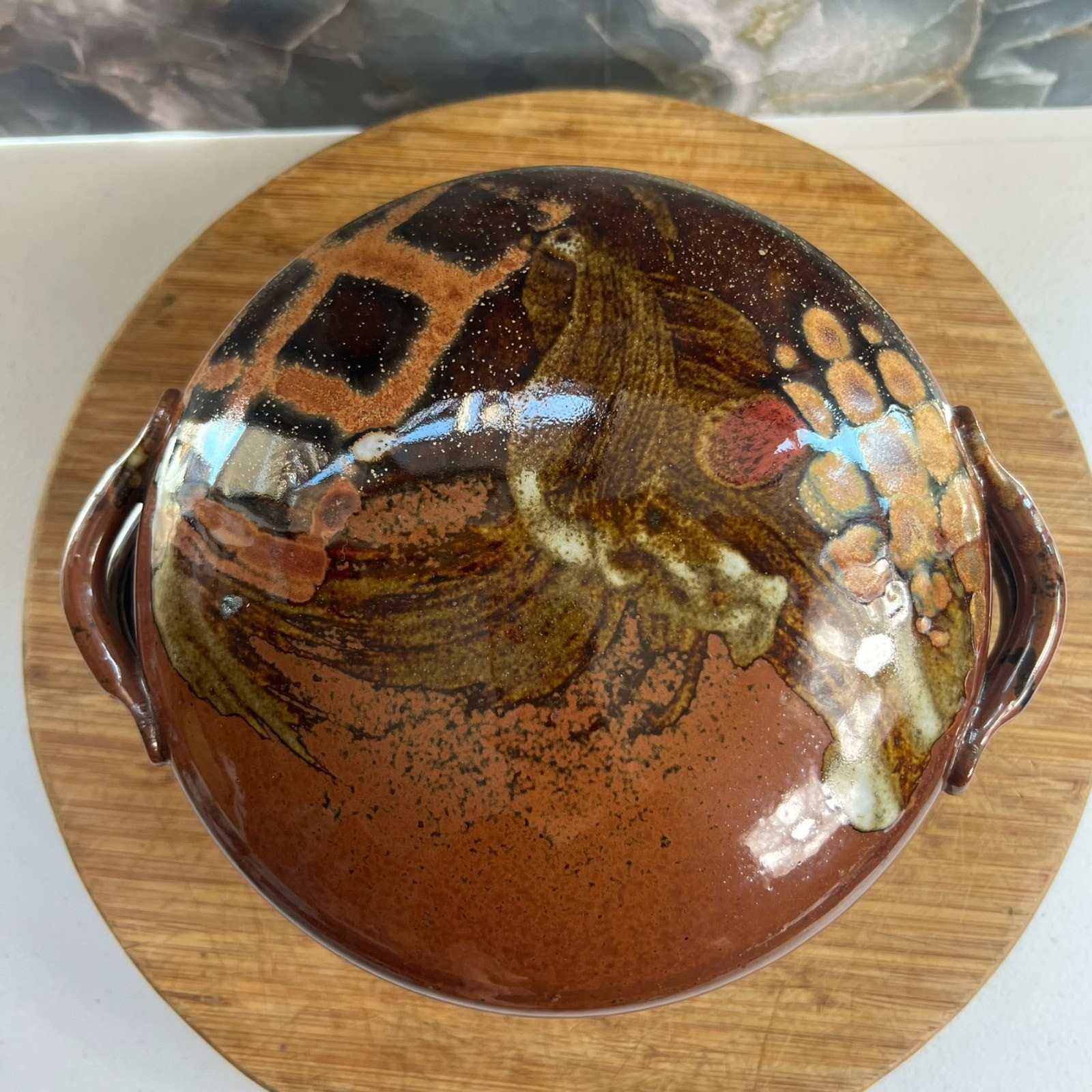 Art Studio Pottery Casserole With Handles & Lid 8″ Stoneware Brown Glazed 80s
