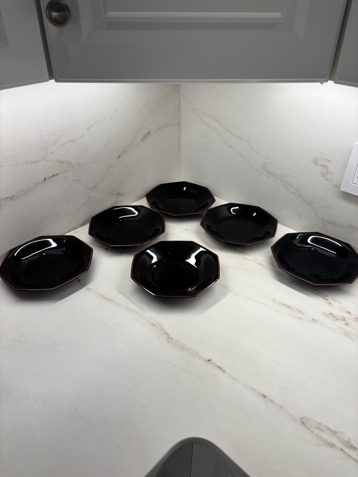 6 Vintage ARCOROC Octime Black Hollow Plates With Red Trim