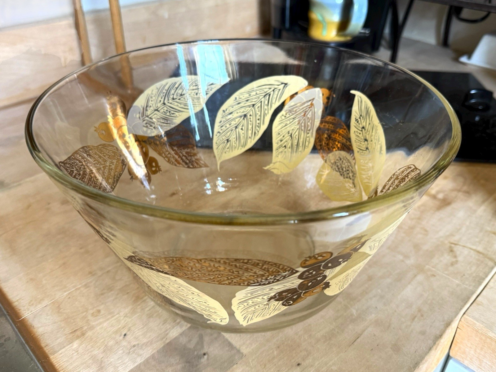 Vintage MCM Glass Snack Bowl Anchor Hocking Retro Gold Painted Fruit and Leaves