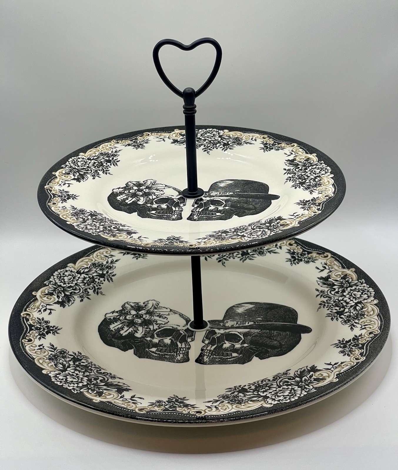 Royal Stafford Halloween Gothic Skull Couple 2 Tier Serving Tray Stand Handmade
