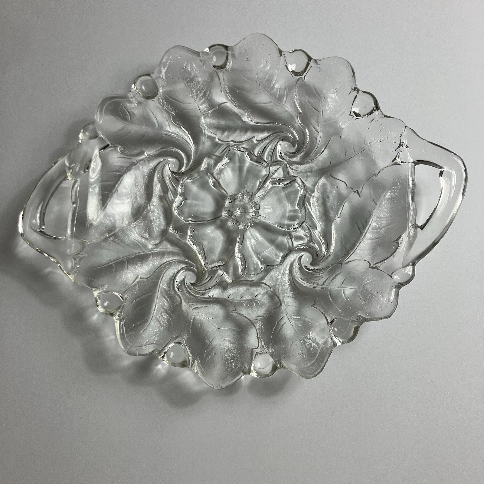 Vintage Indiana Glass – Wild Rose Clear Glass – Handled Cake Plate – 12 1/4”