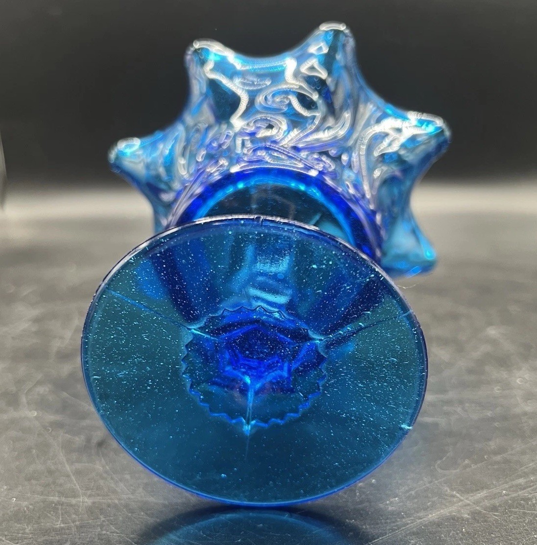 Atterbury Compote Bowl Blue Scroll Pattern Ruffle Edge Vintage