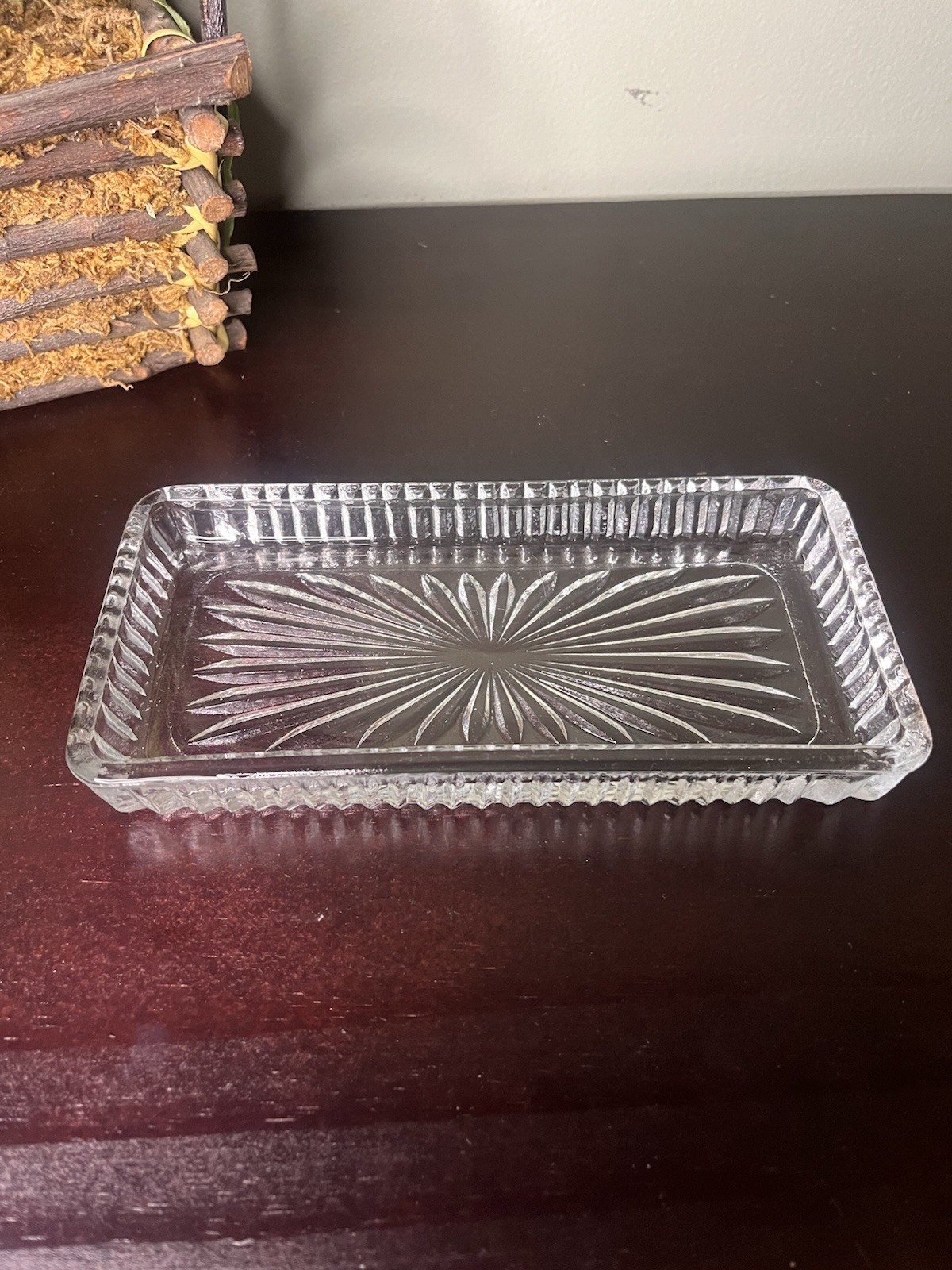 Vintage Glowing Glass Rectangular Trinket Tray Starburst Pattern UV Reactive