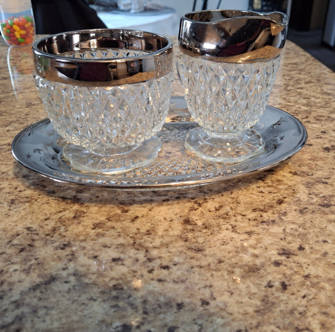 Indiana DIAMOND POINT CRYSTAL w/ Silver FLASH FOOTED CREAMER & SUGAR w/ TRAY