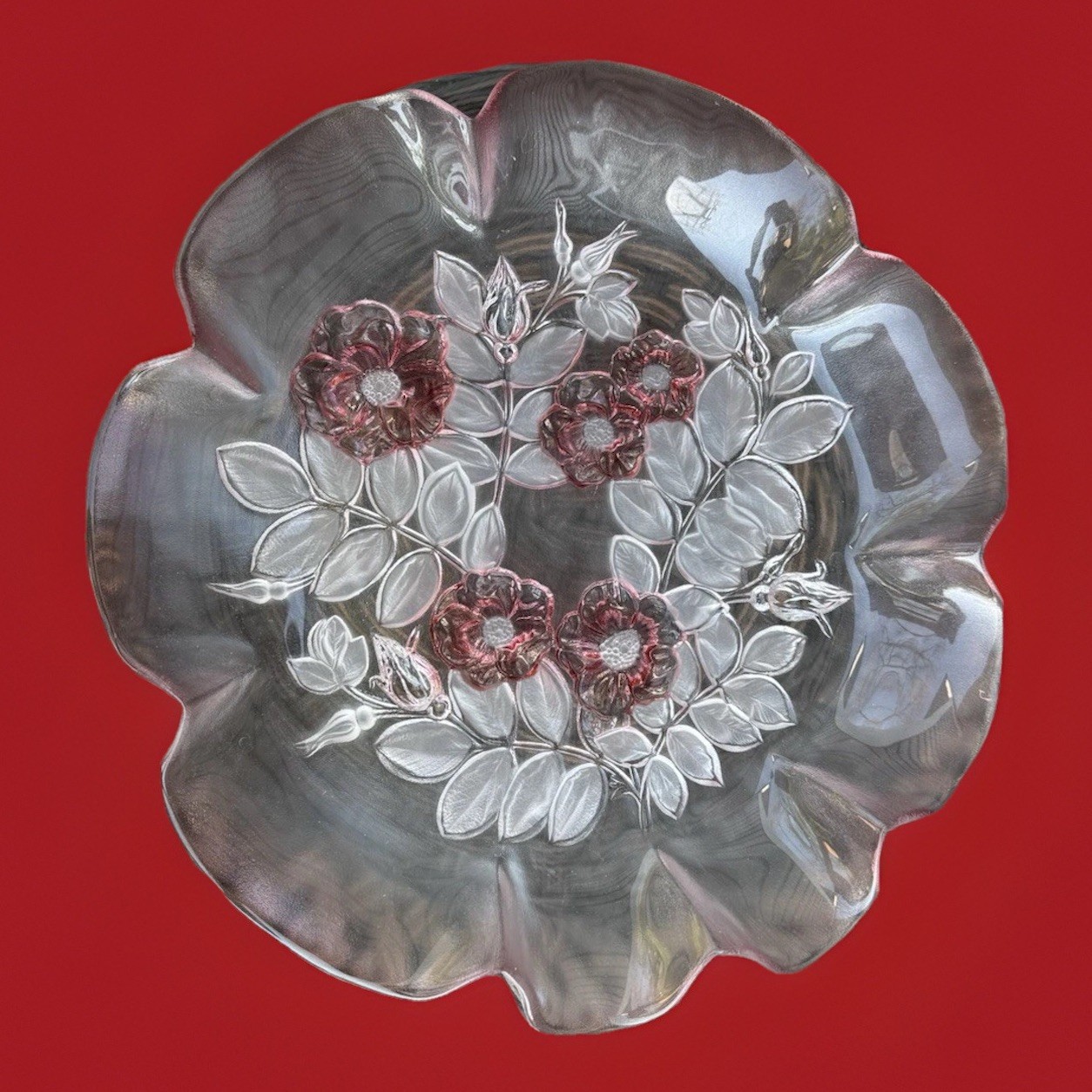 Mikasa Crystal Pink Bella Rosella Serving Platter Frosted Embossed Ruffled Edge
