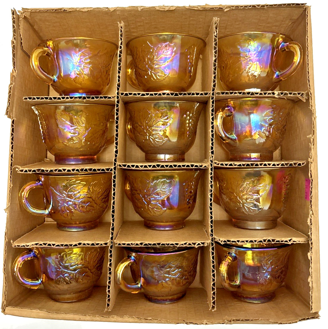 12 Indiana Carnival Glass Iridescent Gold Harvest Punch Bowl Cups w/ Hooks 6 oz