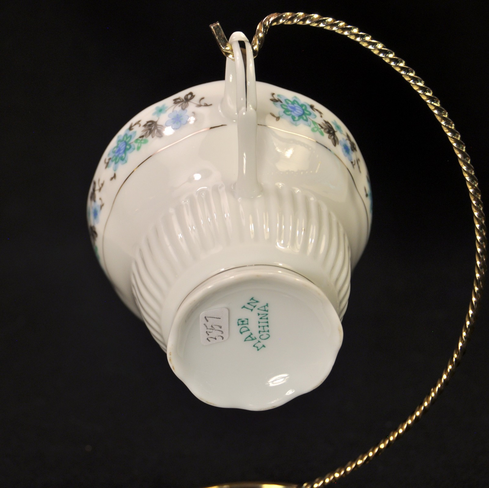 Cup & Saucer Floral w/Platinum on White Blue Black Scalloped Made in China