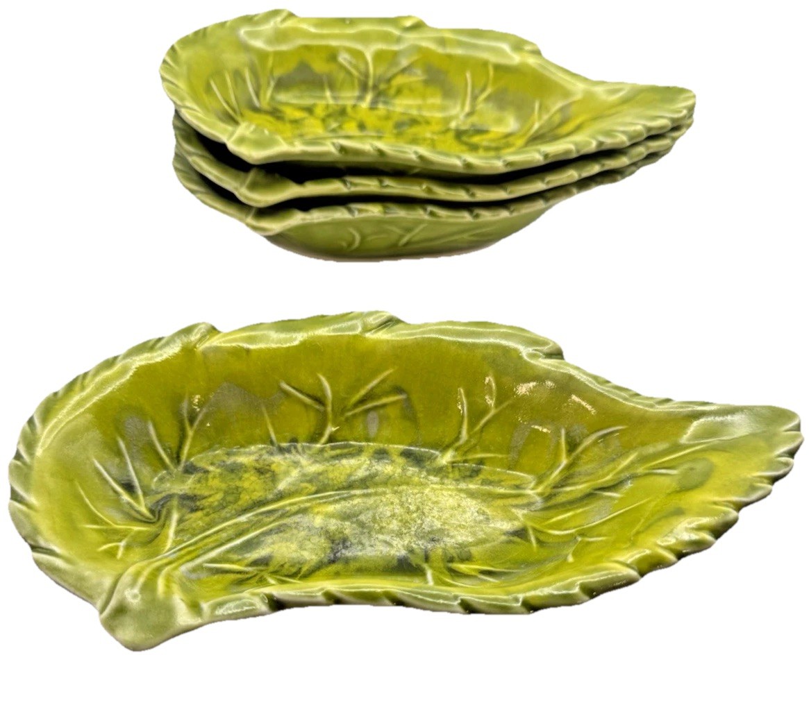 Green Leaf Dip Bowls Set 4 California Original 594 USA Drip Glaze Pottery VTG