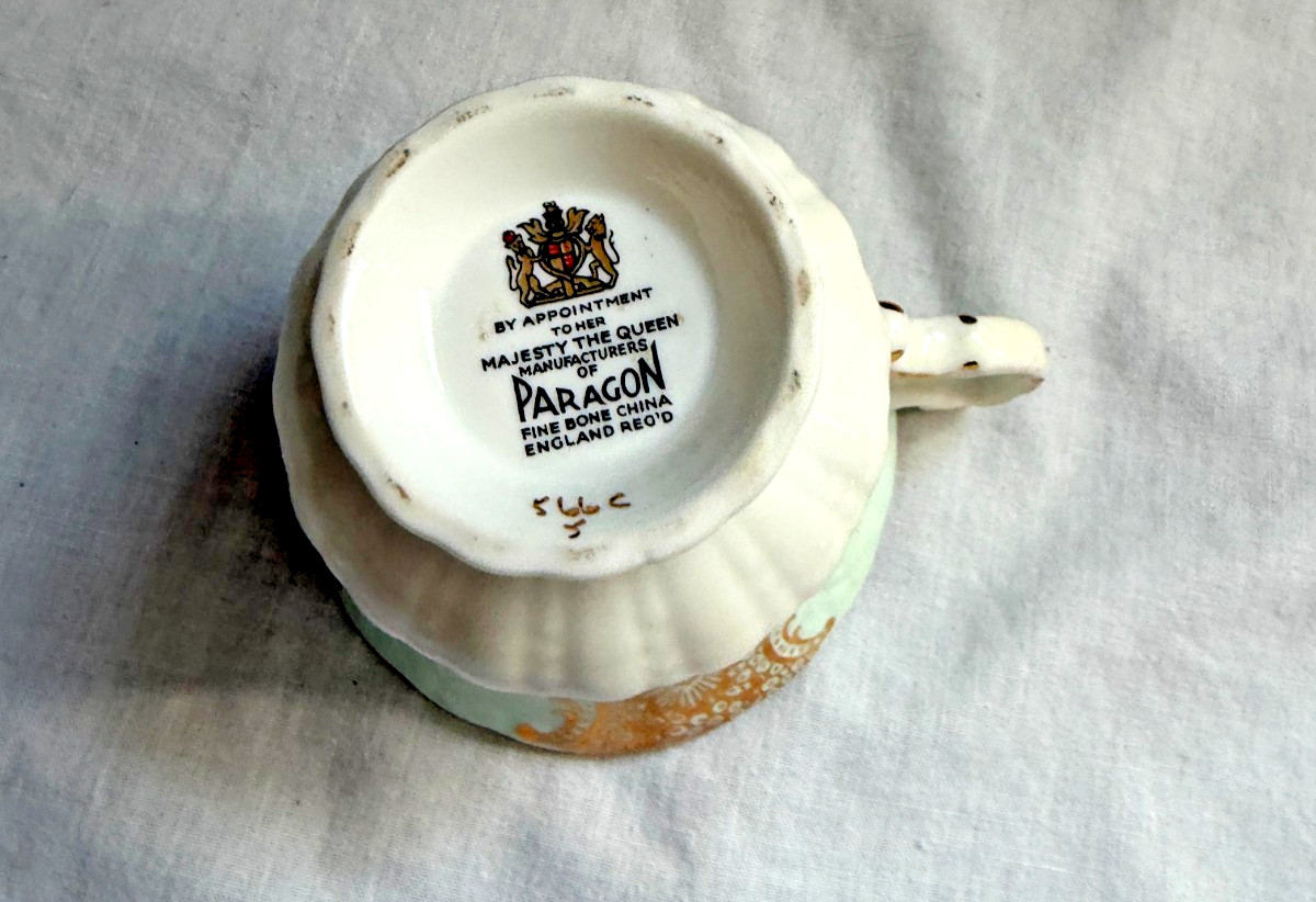 Vintage Paragon Fine Bone China Teacup & Saucer Pale Green Gold Floral England