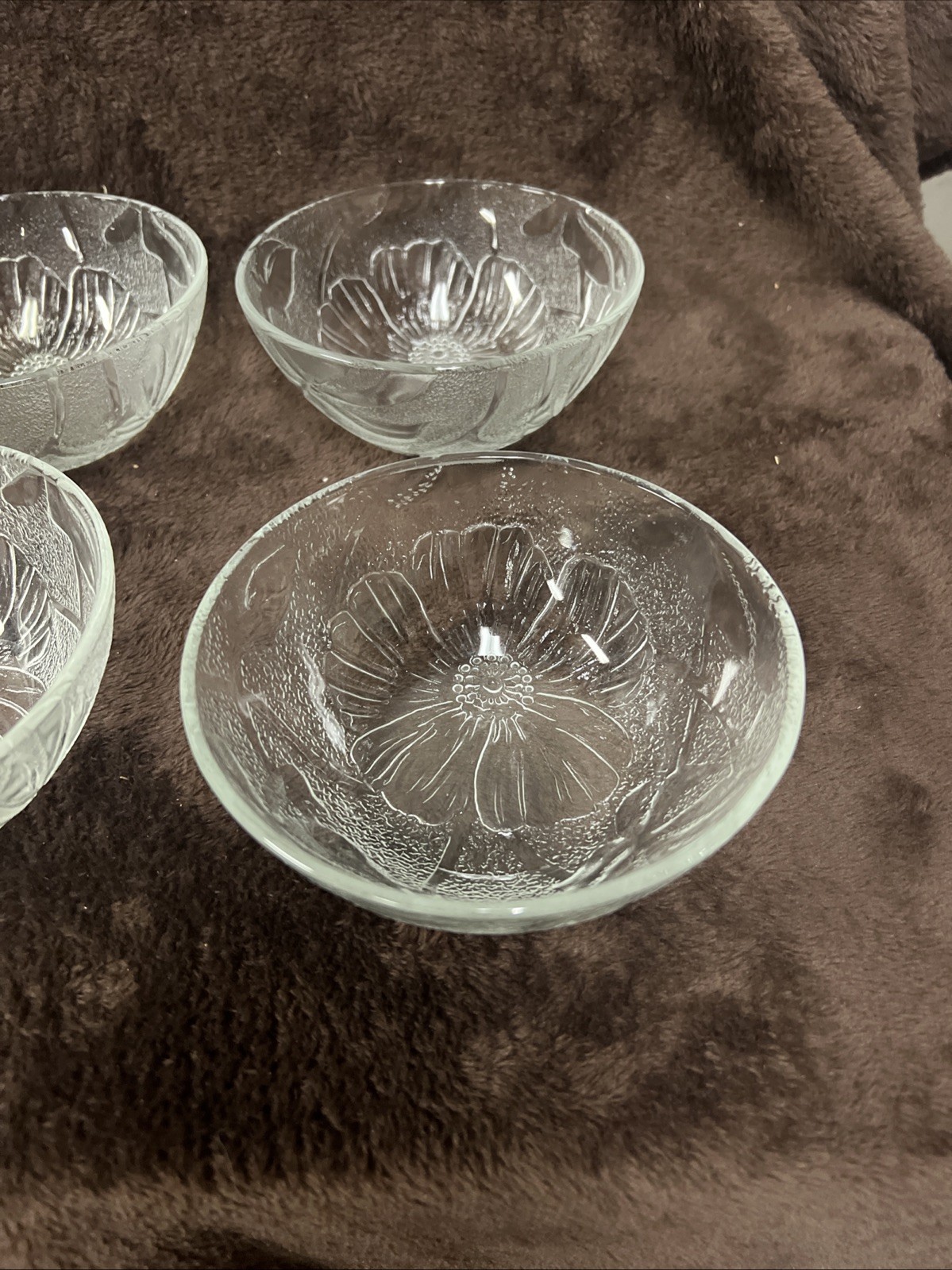 KIG Indonesia Glass Hibiscus Flower Etched / Frosted Dessert Bowl Set Of 4