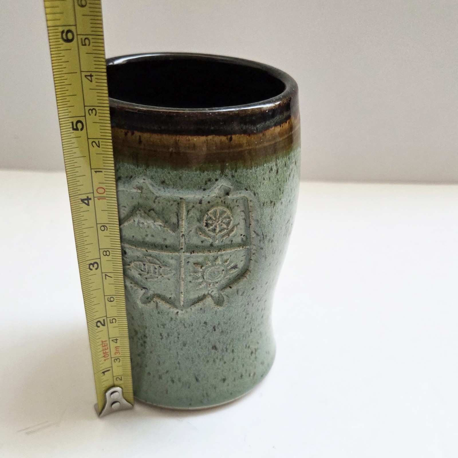 Moza Studio Pottery Mug Artist Theresa Murray Hand Stamped Nature Theme 5″ Tall