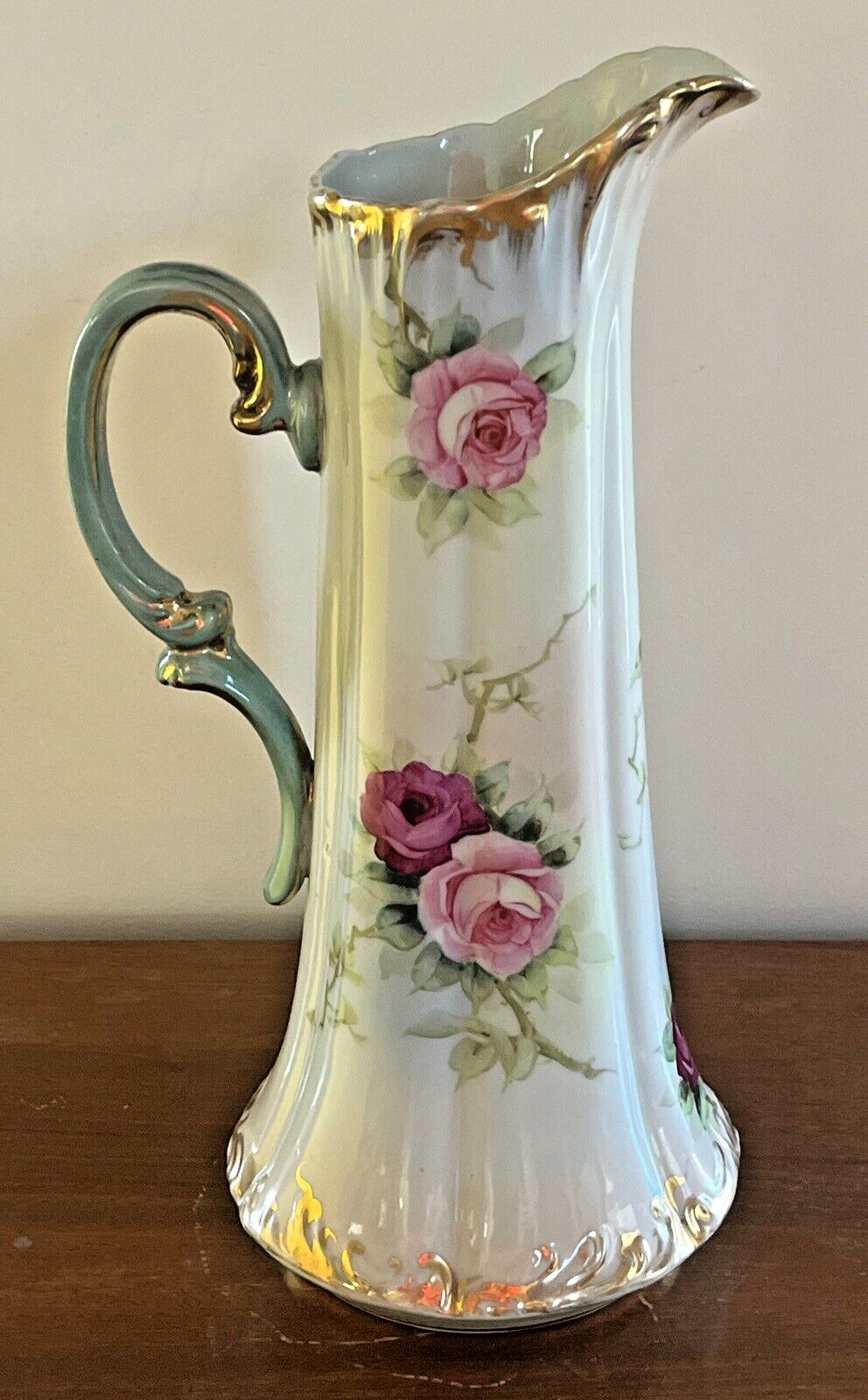 Antique Tall Pitcher Hand Painted Vase Tankard Ewer Roses Gold 15.5