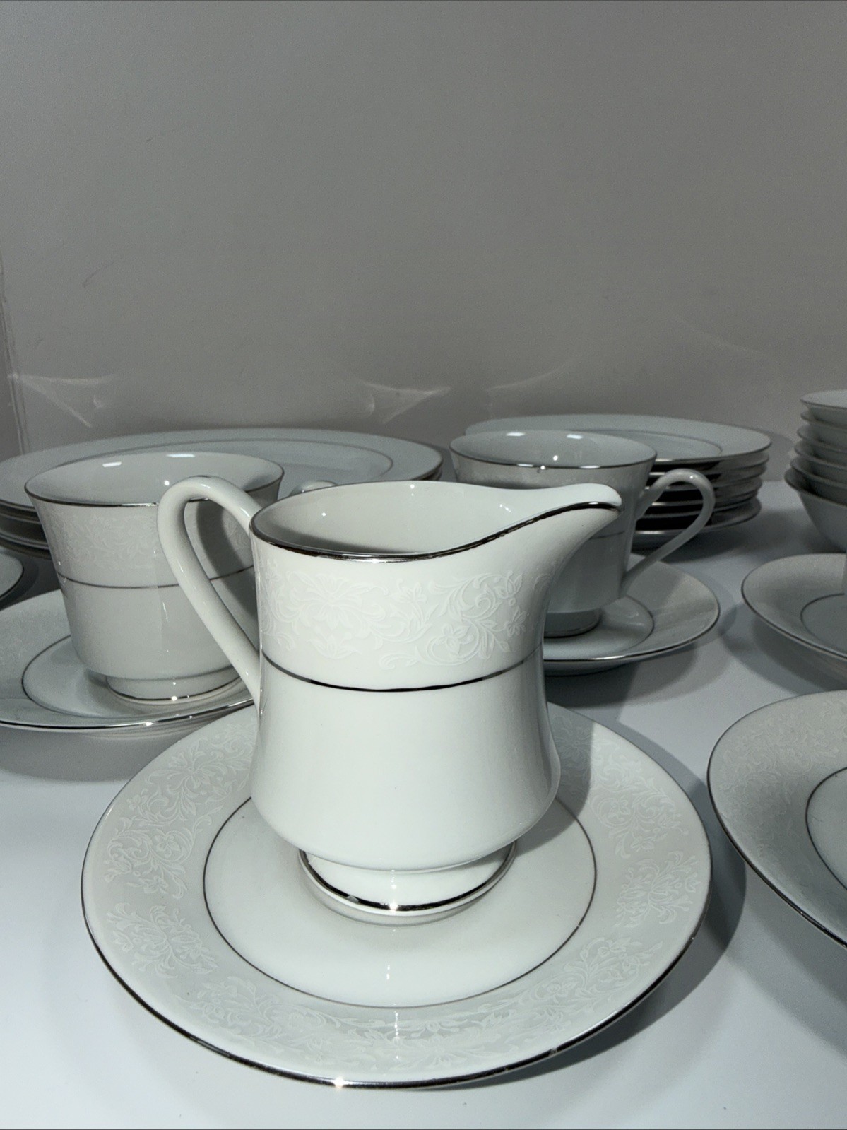 Fine China Set Of 30 Pieces White On White Floral Silver Trim Vintage