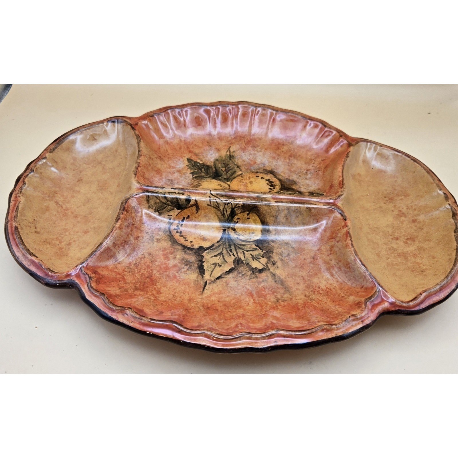 Tuscany Serving Dish, Scalloped Design Fruit And Leaves 13″ Long 9.75″ Wide
