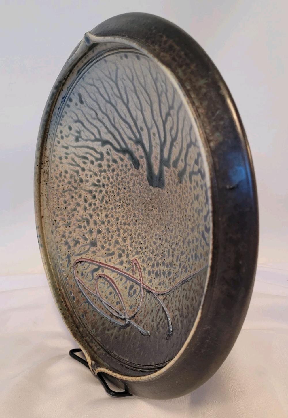 Signed Richard Aerni 1992 Glazed Stoneware Pottery Bowl 13.5″ Diameter, Crack