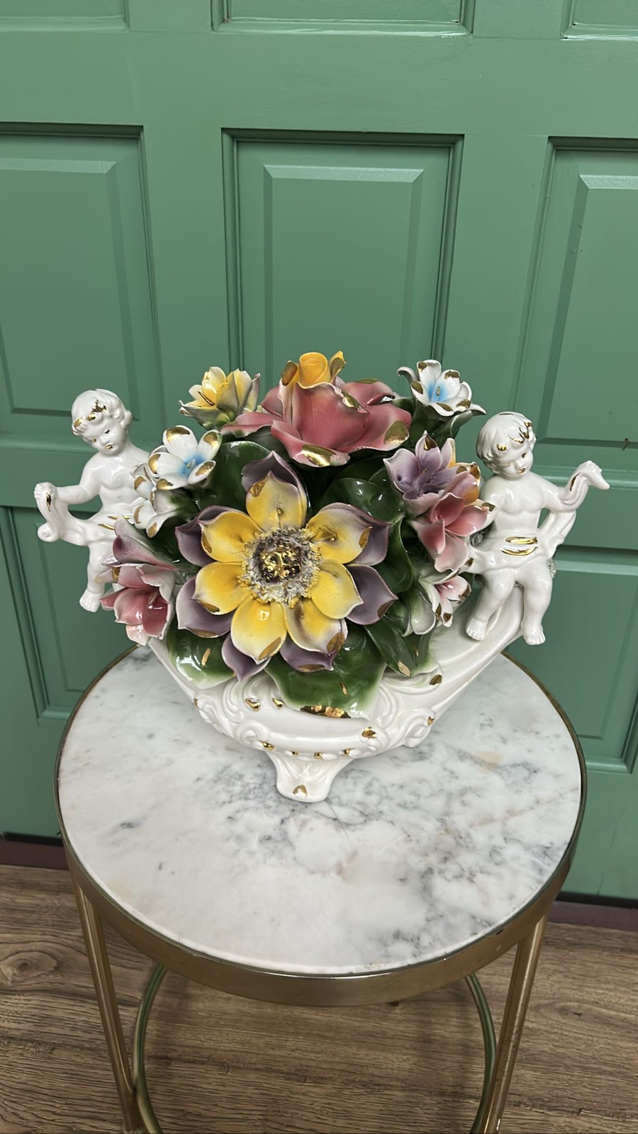 Vintage Capodimonte Porcelain Floral Cherub Centerpiece Italy Hand Painted