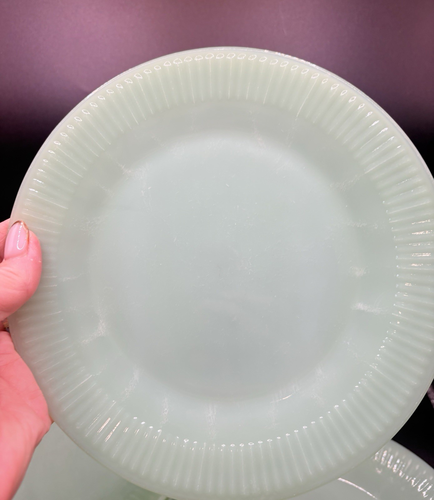 4 Fire King Jadeite Jane Ray Salad Plates 8” Mixed Marks 1 Chipped Vintage