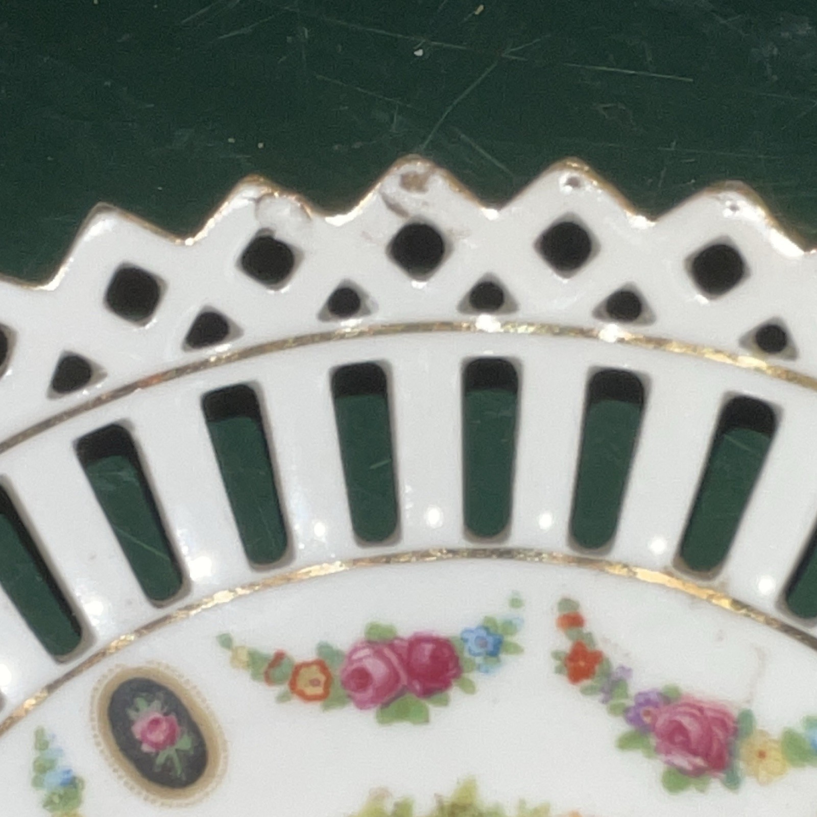 VTG German Porcelain Decorative Bowl Pierced Lattice Rim Floral Scene 5 in