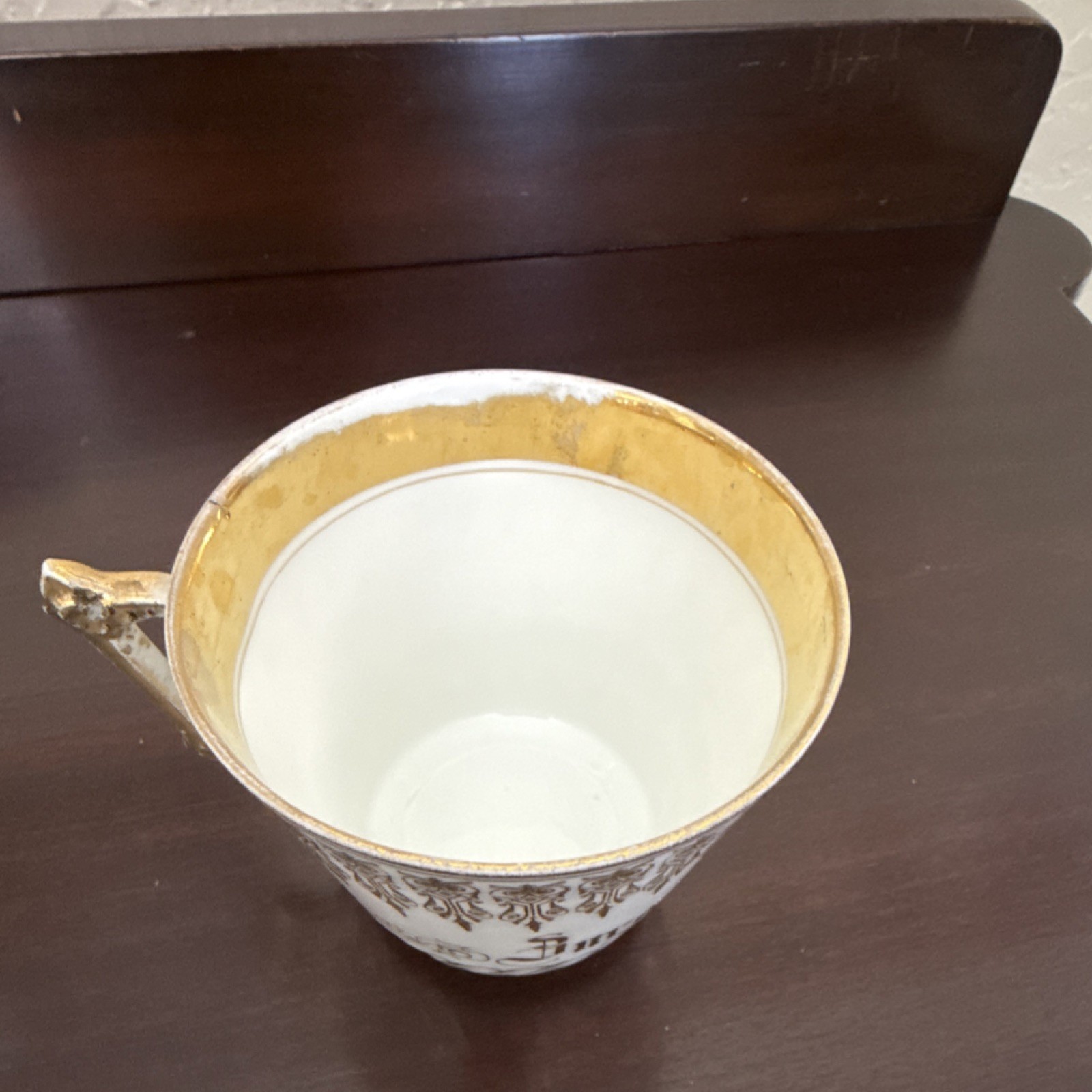 Gold and White Porcelain Cup & Saucer Set, Four-Piece Glossy Finish
