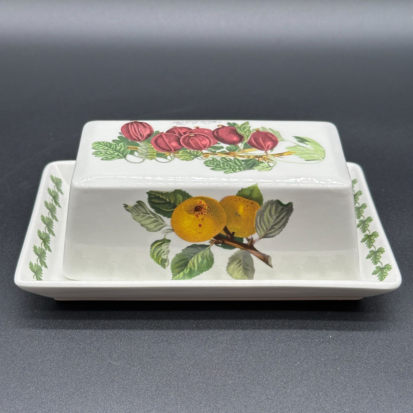 Portmeirion POMONA Wilmot’s Early Red COVERED BUTTER DISH Goddess of Fruit 2 Pc