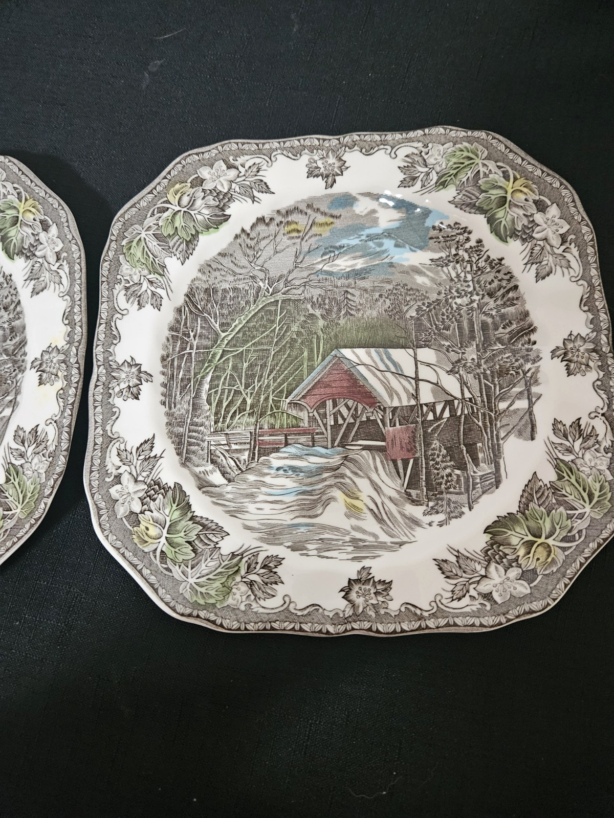 Lot of 2 Johnson Bros. Friendly Village The Covered Bridge Square Salad Plates