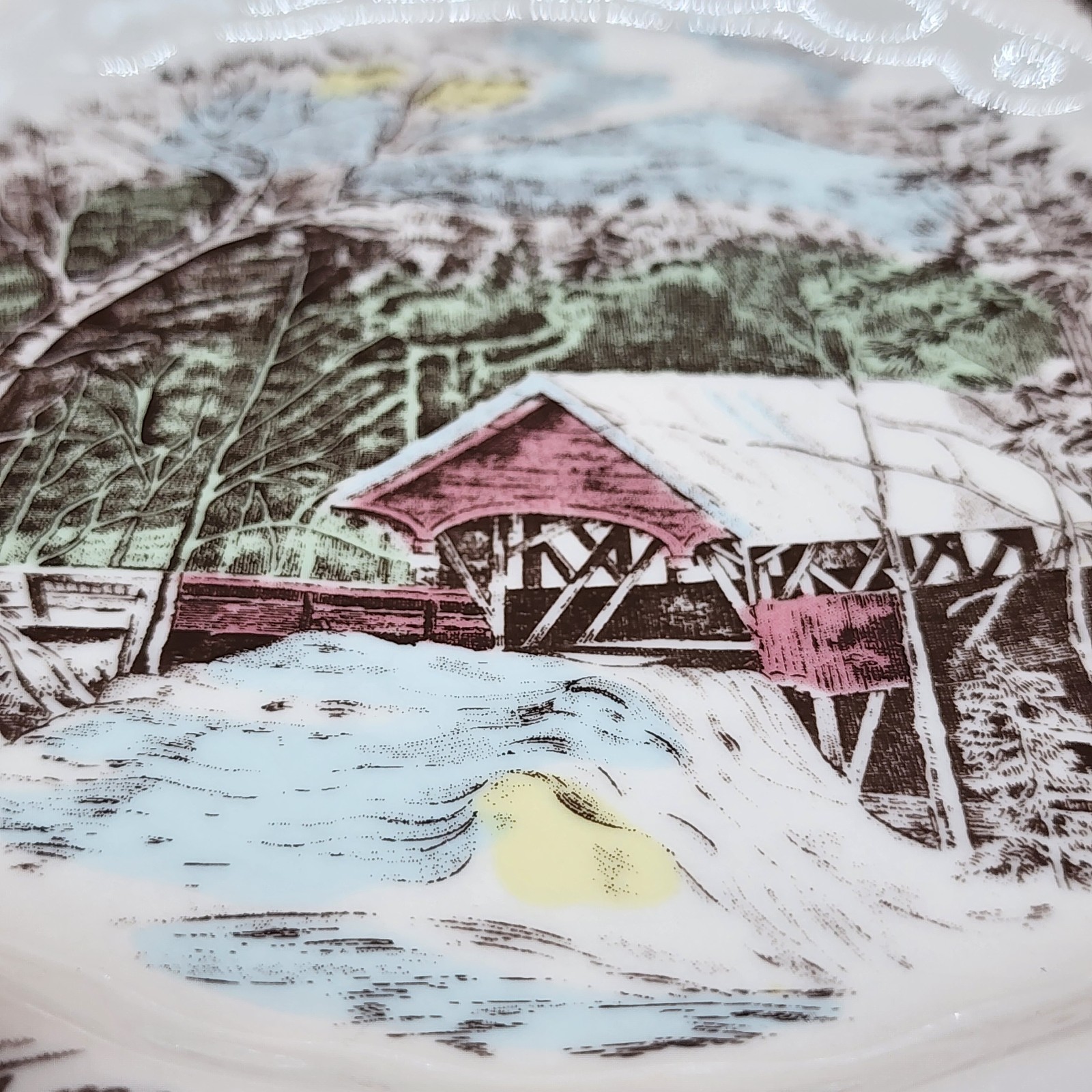 2 Johnson Brothers Friendly Village Covered Bridge Square Salad Plates-7.1/2″