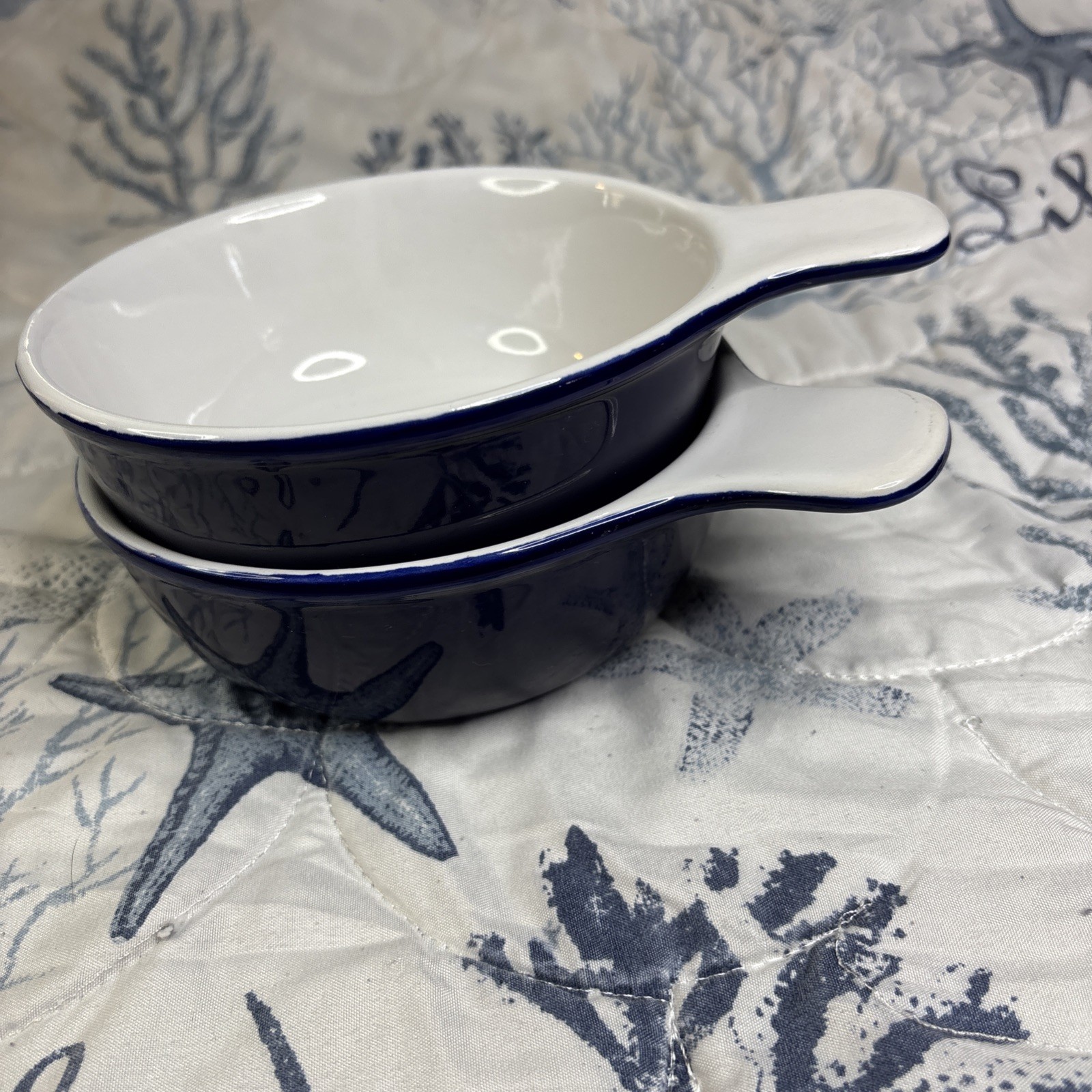2 Navy Blue & White Interior Nesting Grab Stoneware Matching Bowls-Very Durable
