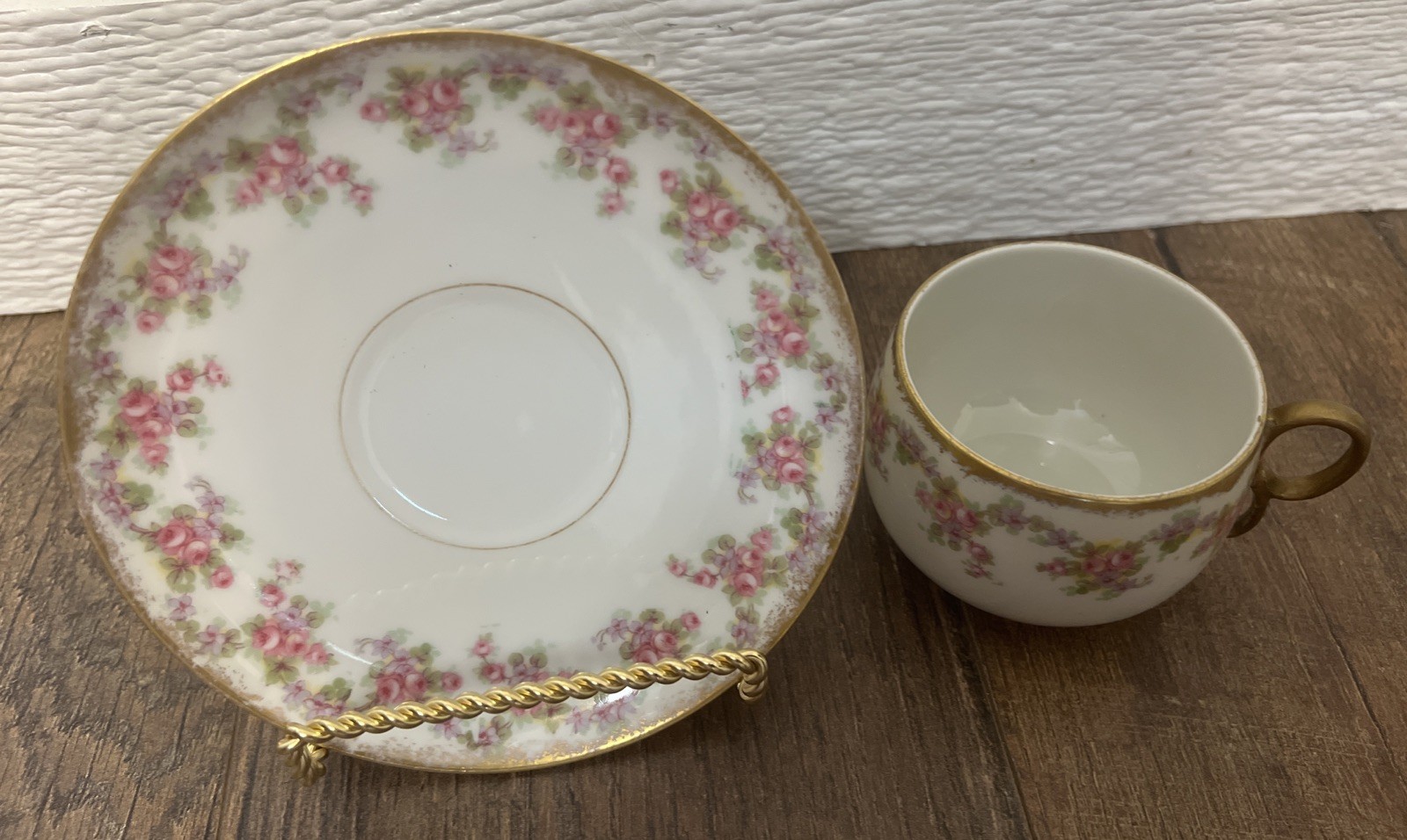 VTG Elite Works Limoges France Bridal Wreath Tea Cup & Saucer Pink Gold Trim