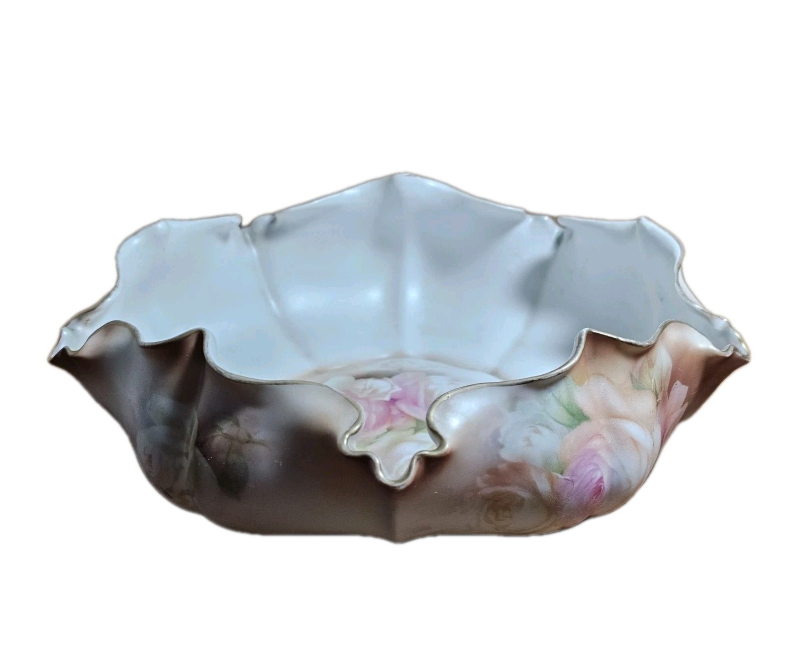 Antique RS Prussia Pink Rose 9″ Blown Out Bowl Exterior Painted Floral Gold