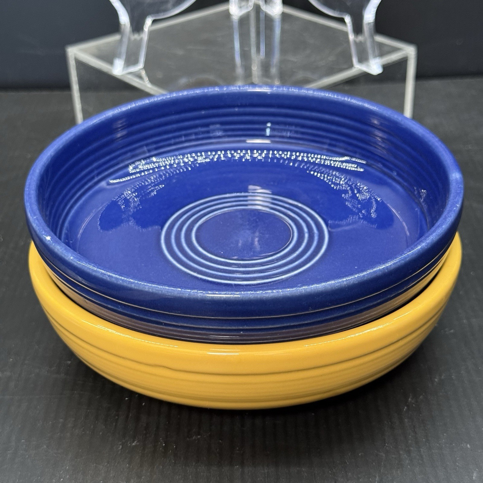 Vintage Fiesta Dessert Bowls Original Cobalt Blue & Yellow Wet Foot HLC 6 1/4”