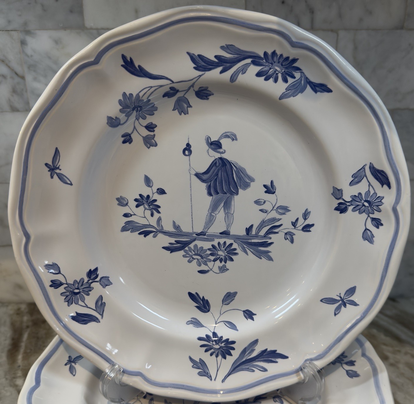 6 Long Champ Blue Moustiers French 10 1/4″ Dinner Plate Rare Vintage Set 6