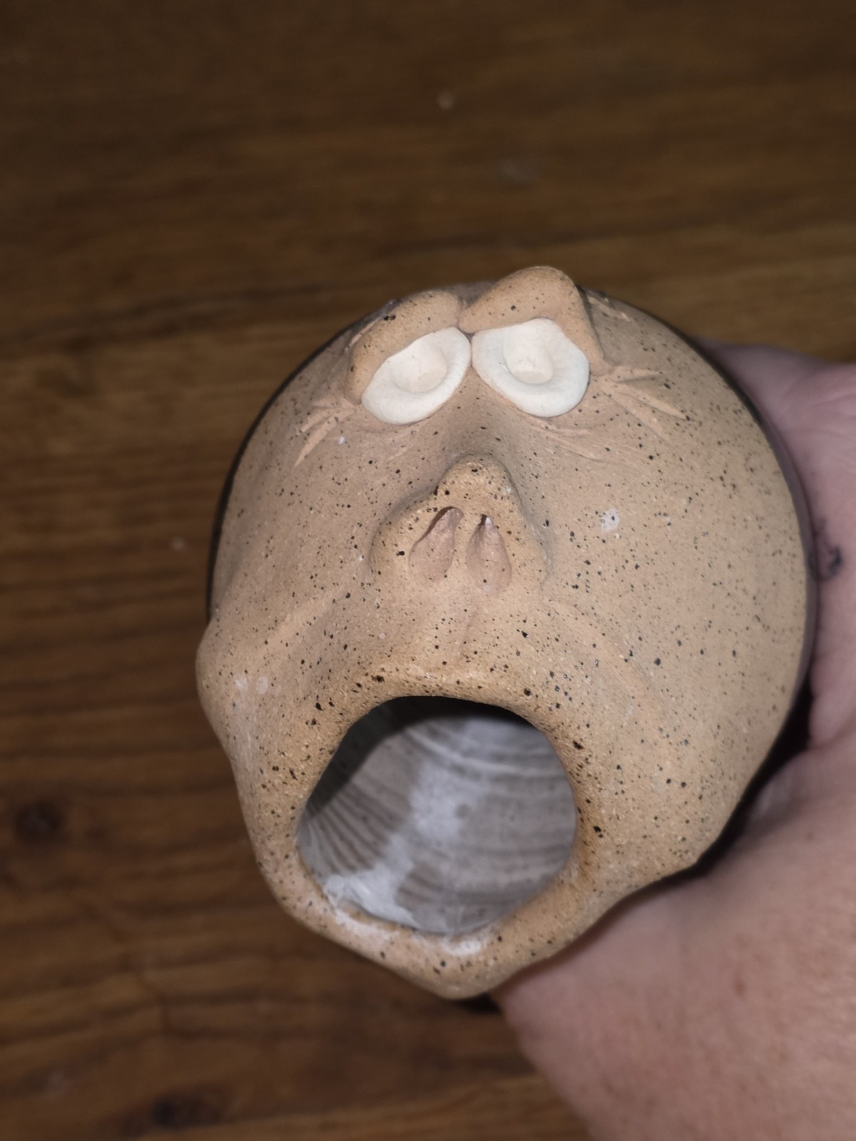 Vintage Pottery Vase Signed Ugly Funny Face 3D Stoneware Wide Mouth