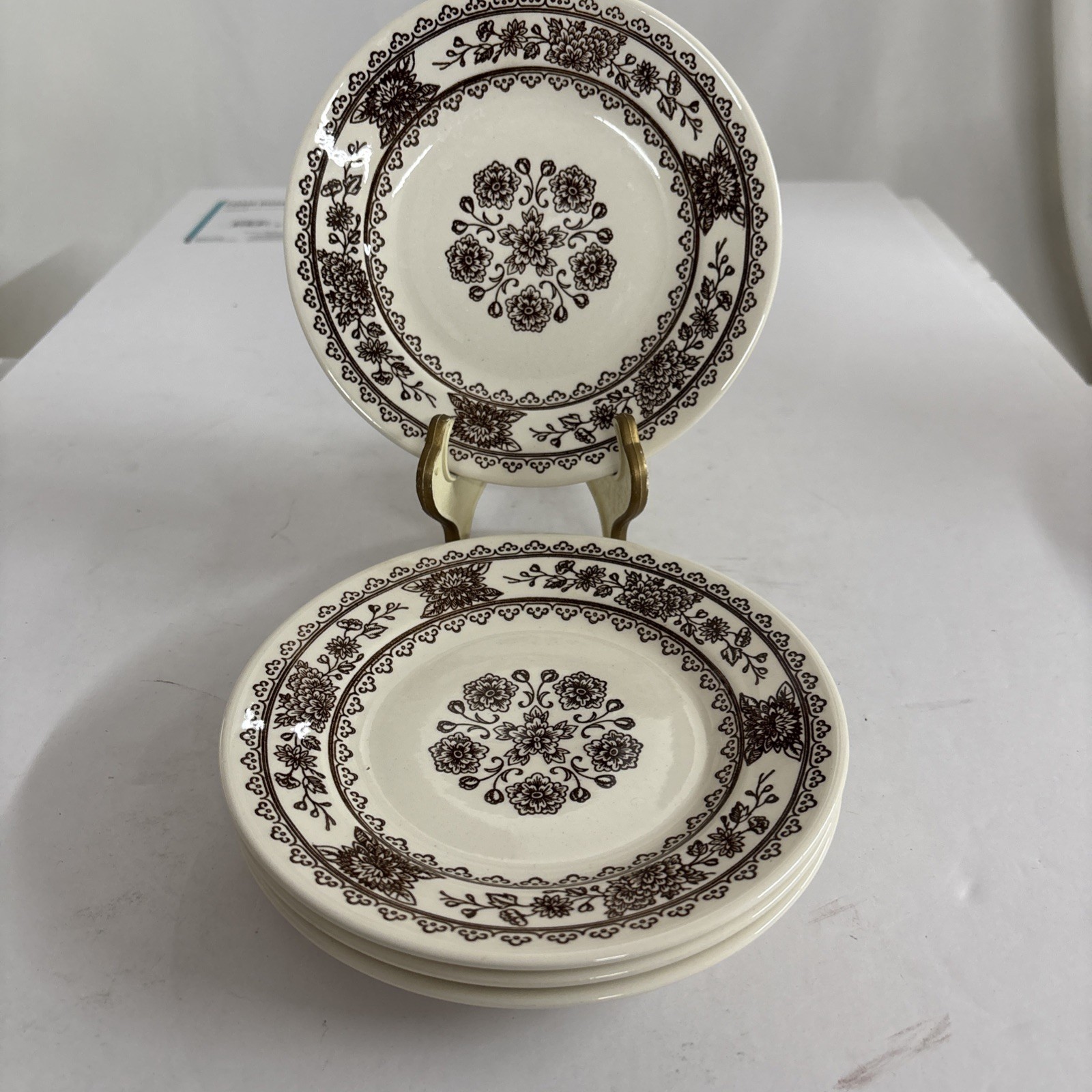 4 Vintage Royal China Hampshire Vendome 6 1/2″ Bread Plates Brown Mums Flowers