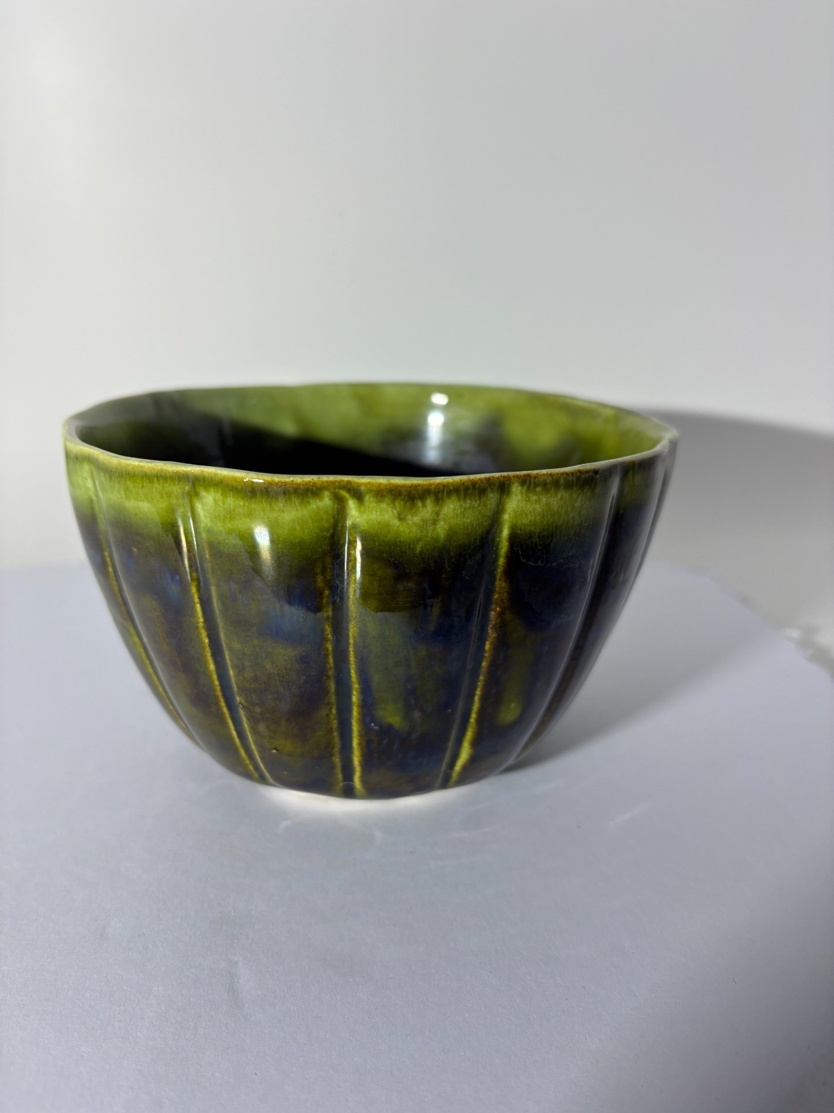 Vintage Calif USA Pottery P-2 Green Blue Drip Glaze Ribbed Bowl MCM