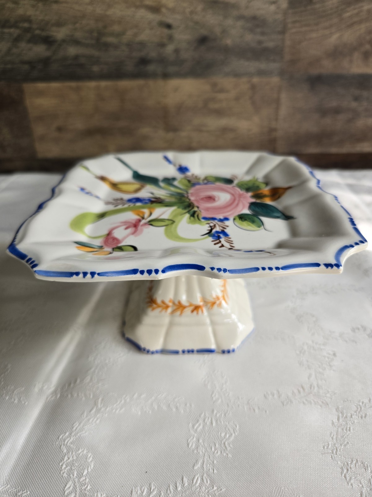 Vintage A. Zen Nove Italy Hand Painted Majolica Pedestal Cake Stand / Compote