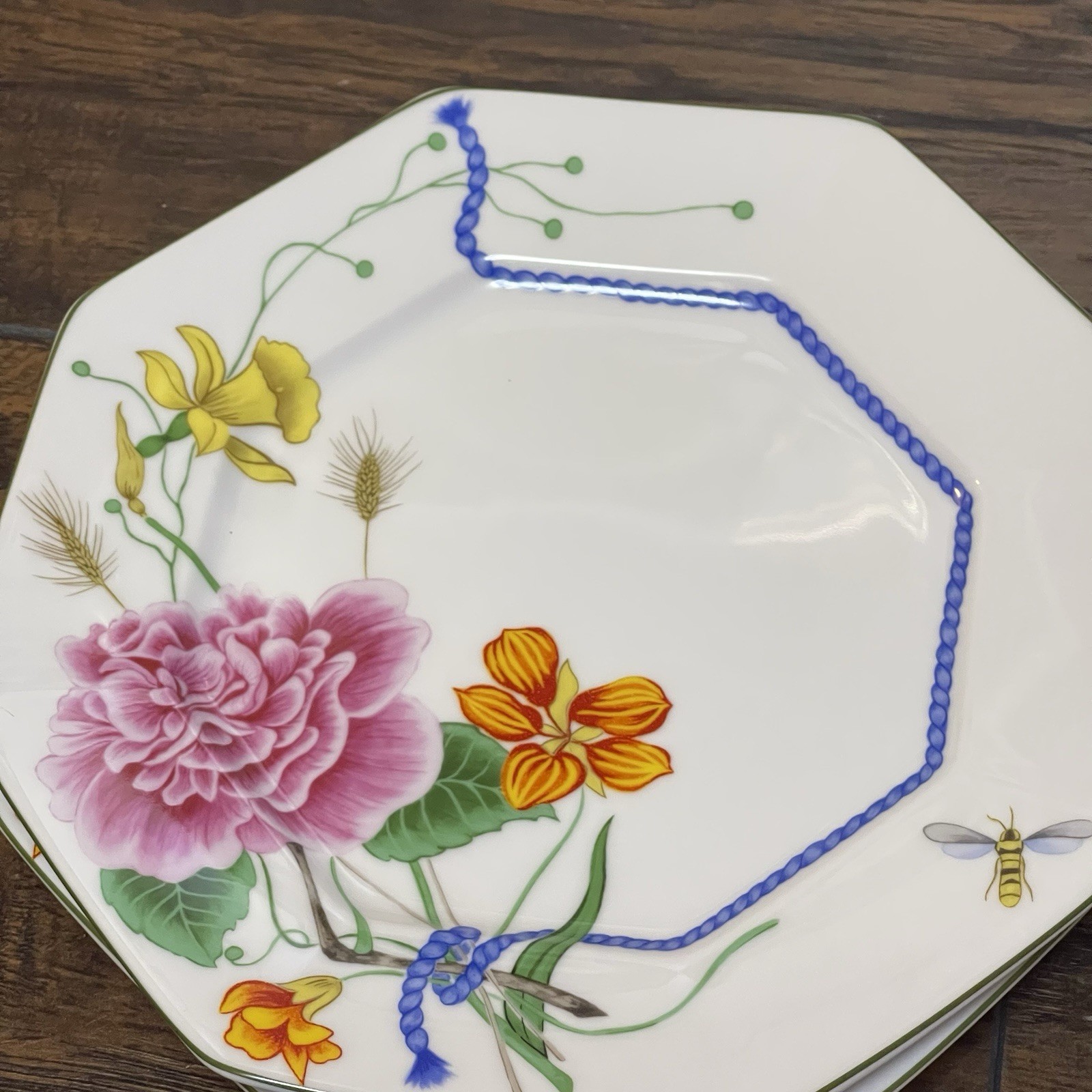 Set Of 2 Lynn Chase Flores 10” Dinner Plates W/ Blue Rope Motif,Flowers And Bee
