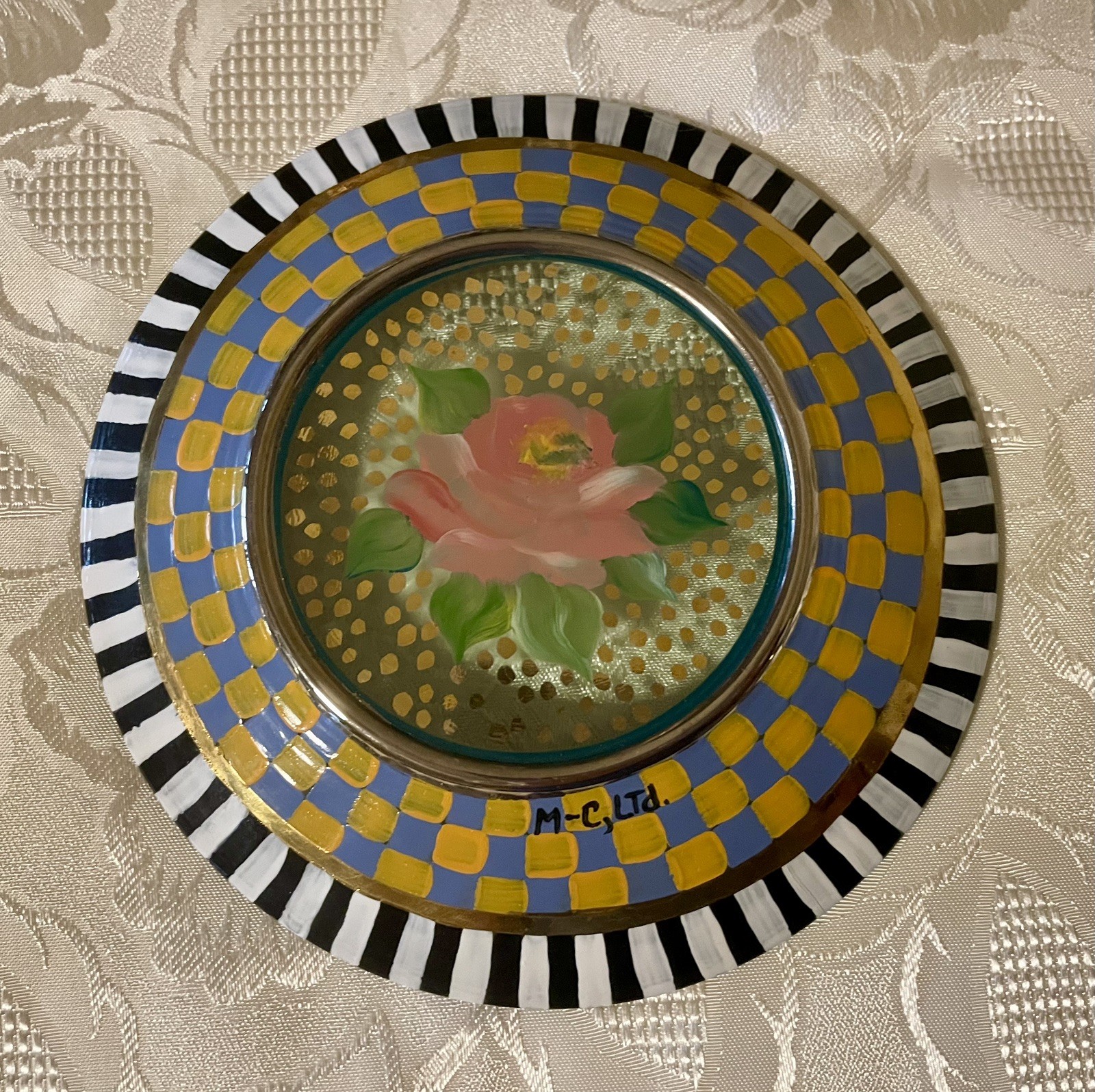 Rare Early MacKenzie-Childs Glass Dessert Plates Rose Garland & Full Bloom. Mint