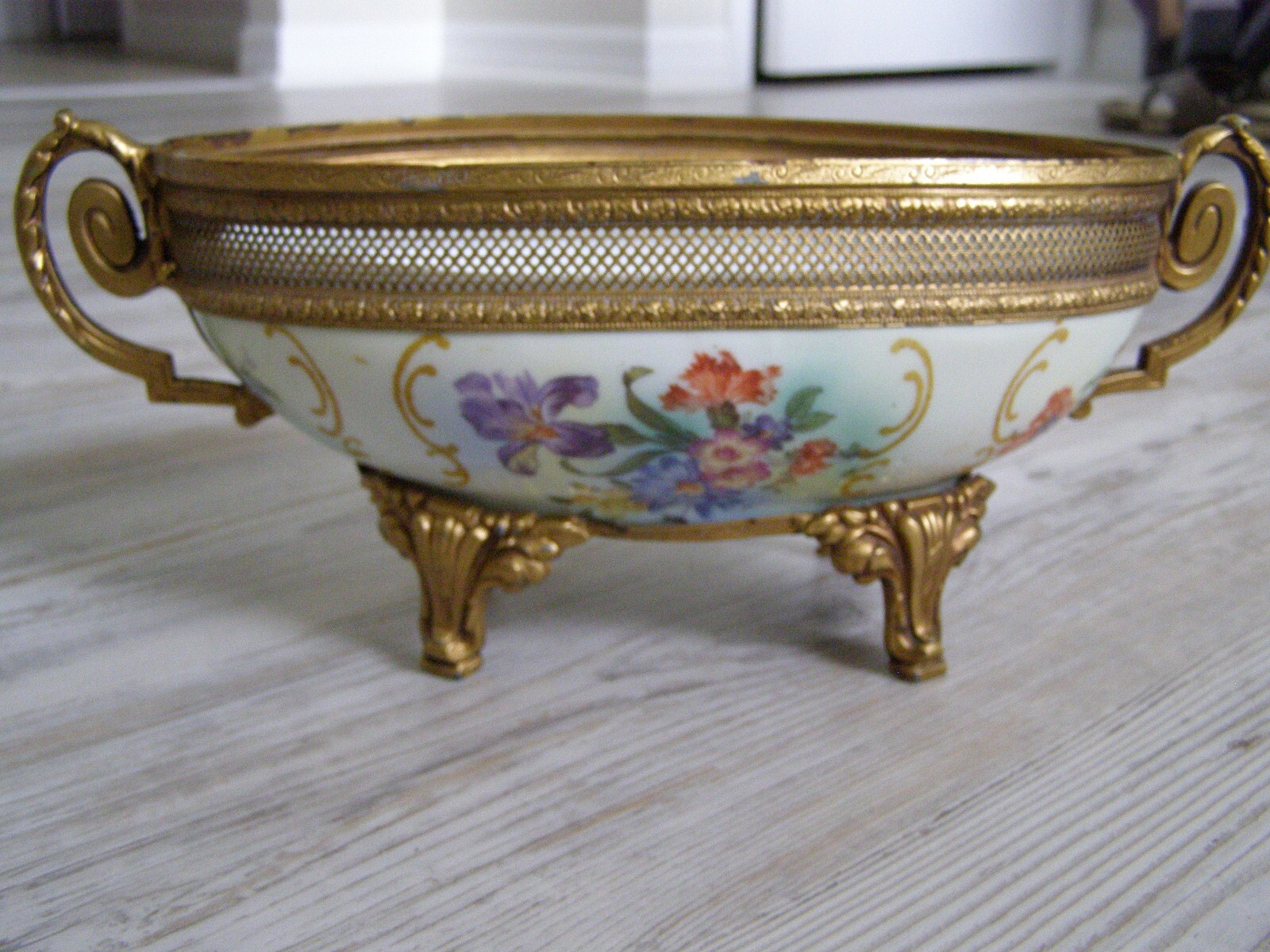 Antique Karlovy Vary Porcelain Serving Dish Gilt metal base bottom stamped #23
