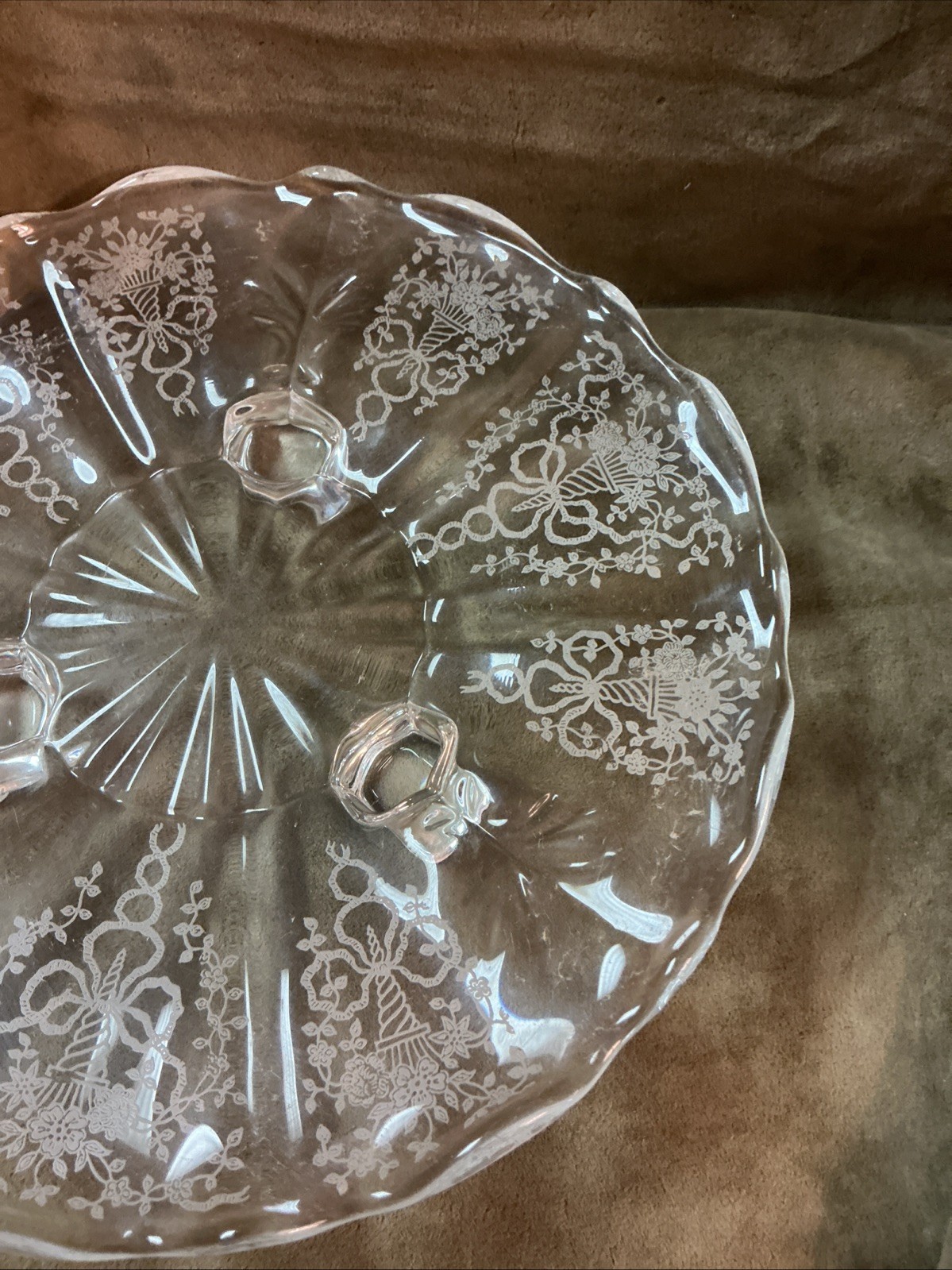 Vintage Fostoria glass corsage etched pattern three towed tidbit Baroque 1940’s