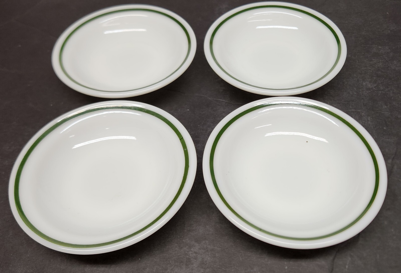 4 Pyrex Double Tough White w/Green Stripe Fruit/Berry Bowls Corning Ware
